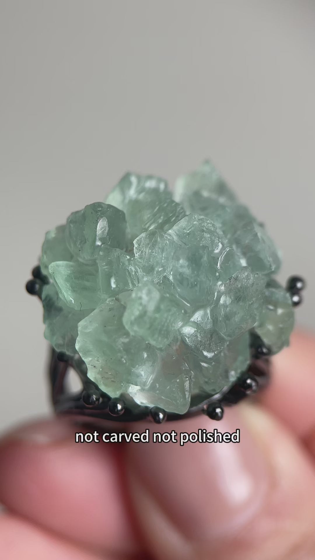 Green quartz crystal cluster ring featuring natural multi-point formations, a raw crystal jewelry piece full of texture and organic beauty
