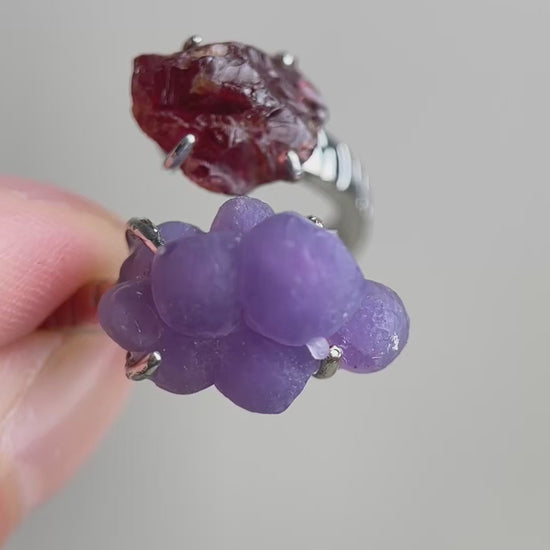 Video of raw Garnet and Purple Grape Agate ring showing red garnet and purple grape agate