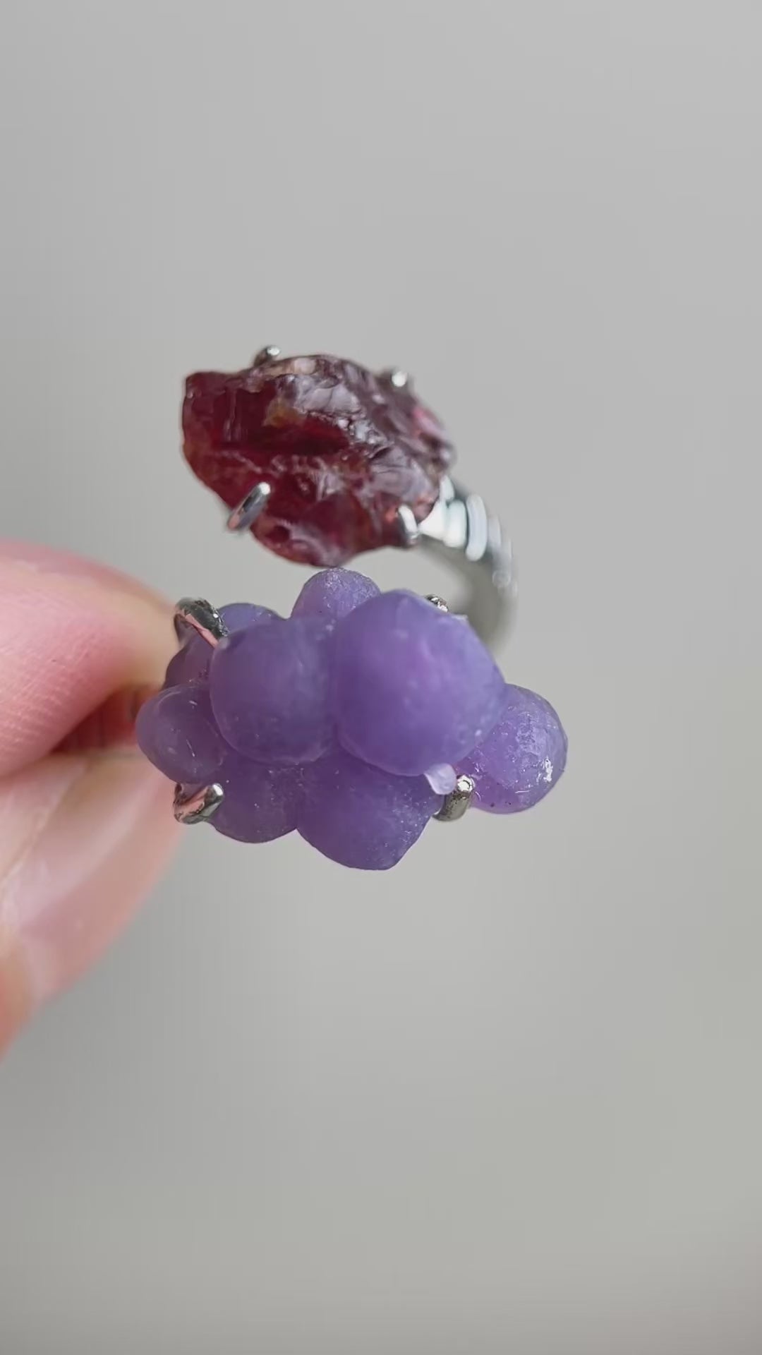 Video of raw Garnet and Purple Grape Agate ring showing red garnet and purple grape agate