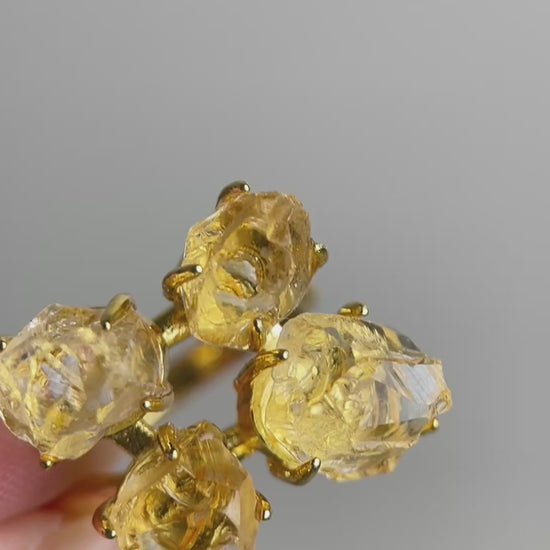 Video of raw Brazilian Citrine crystal ring showing golden natural quartz crystals