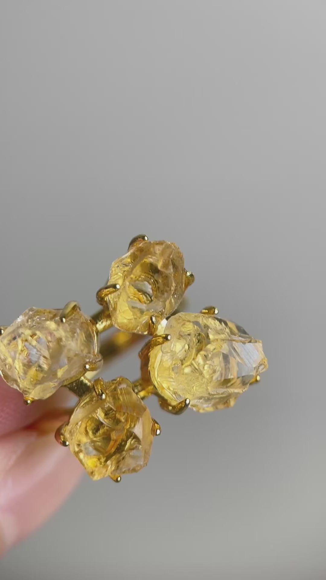 Video of raw Brazilian Citrine crystal ring showing golden natural quartz crystals
