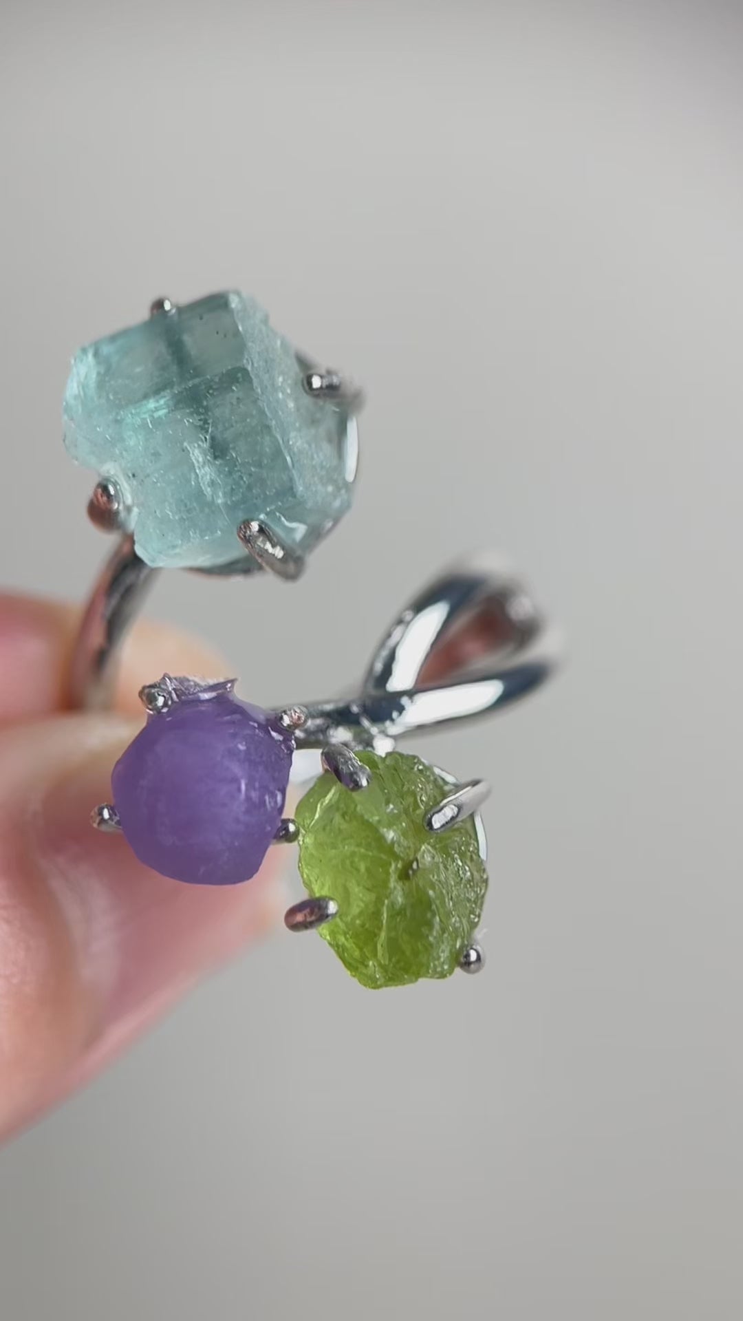 Video of raw peridot, purple grape agate and raw aquamarine ring by Oryssia
