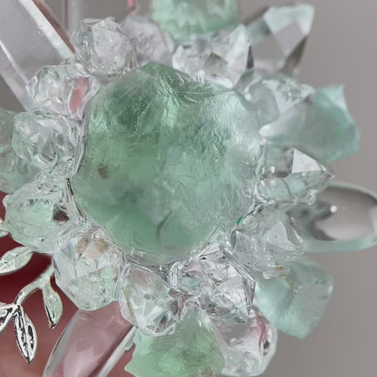 Video of raw Green Fluorite, Herkimer Diamond Quartz, Lemurian Seed Quartz and Clear Quartz ring