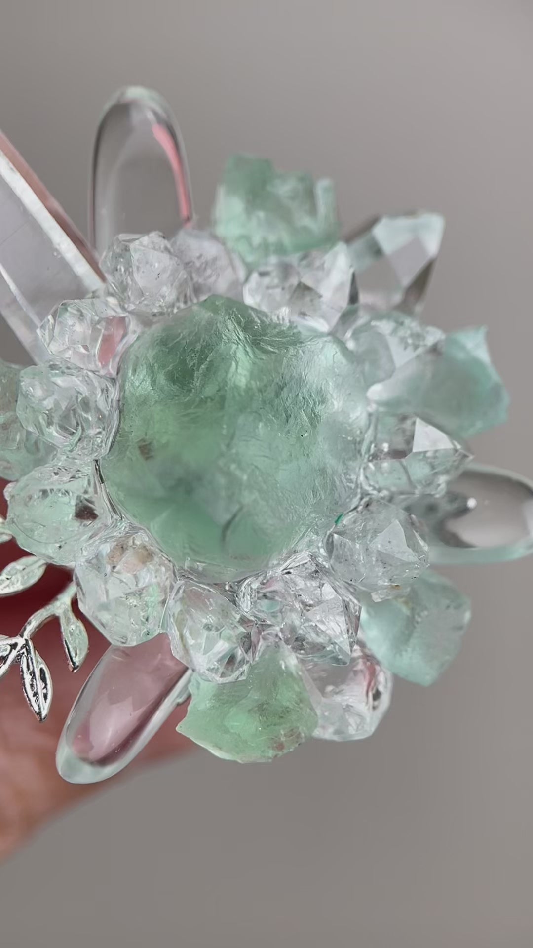 Video of raw Green Fluorite, Herkimer Diamond Quartz, Lemurian Seed Quartz and Clear Quartz ring