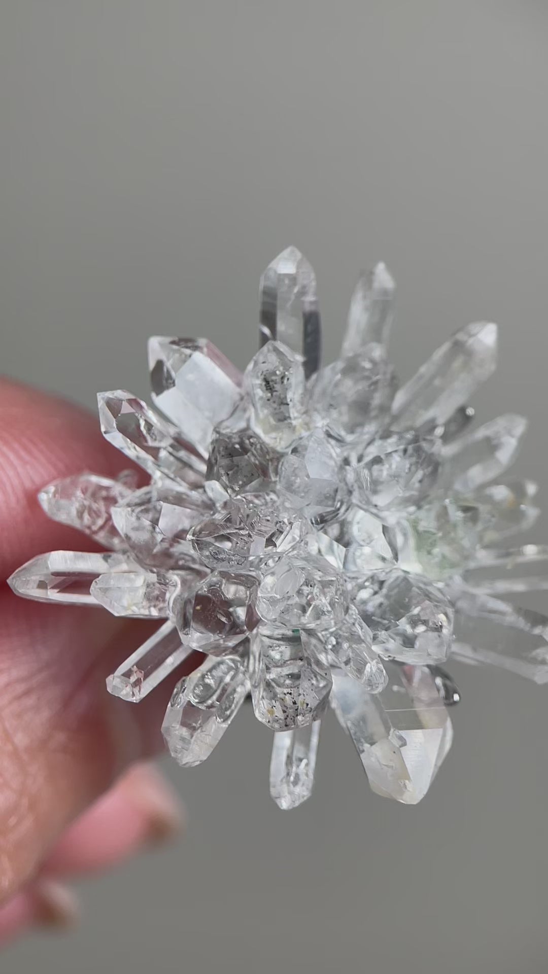 Video of Herkimer Diamond Quartz and Lemurian Quartz Flower Ring featuring hand-set crystal flower design