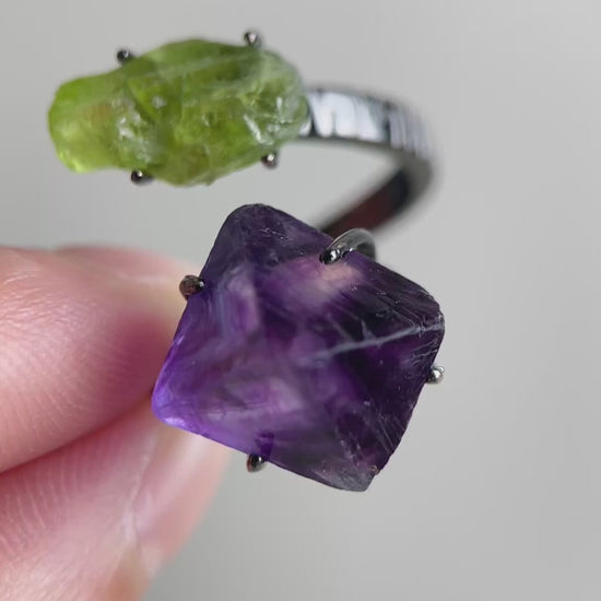 Video of raw peridot and purple octahedral fluorite ring