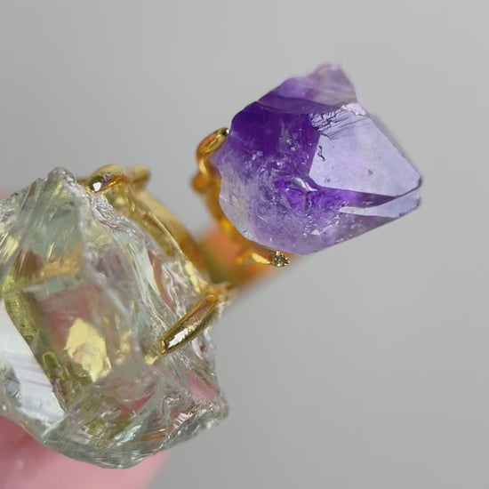 Video of Raw Green Quartz and Amethyst ring showing natural green and purple quartz crystals