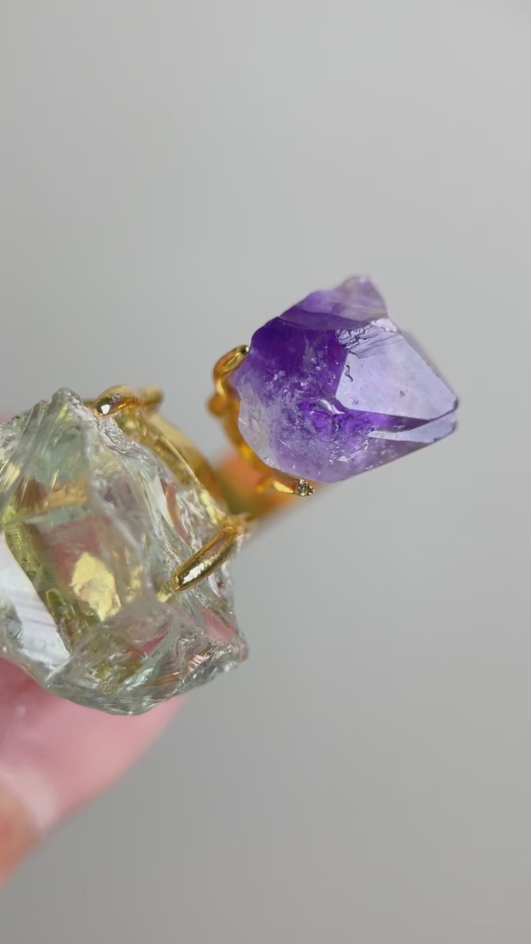 Video of Raw Green Quartz and Amethyst ring showing natural green and purple quartz crystals