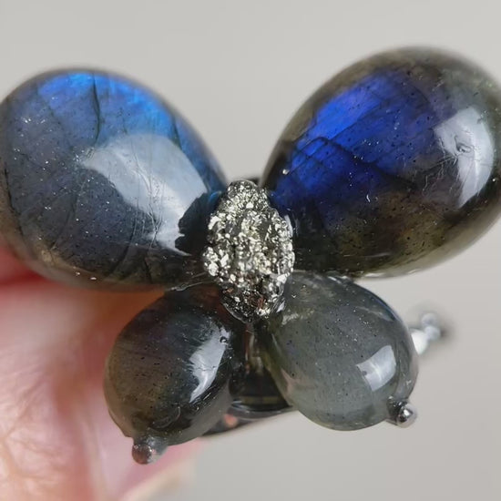 Video of Labradorite Butterfly Ring with blue flash and raw Chalcopyrite center