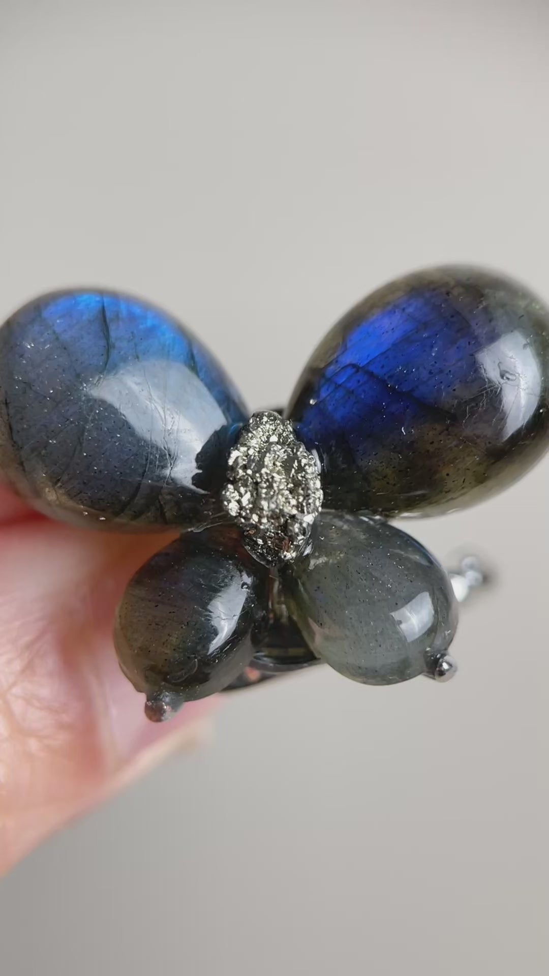 Video of Labradorite Butterfly Ring with blue flash and raw Chalcopyrite center