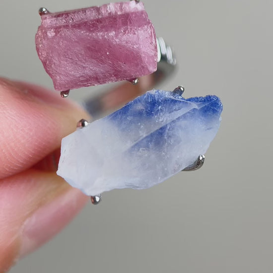 Raw Pink Tourmaline and Dumortierite Quartz ring showing natural crystal texture and color detail