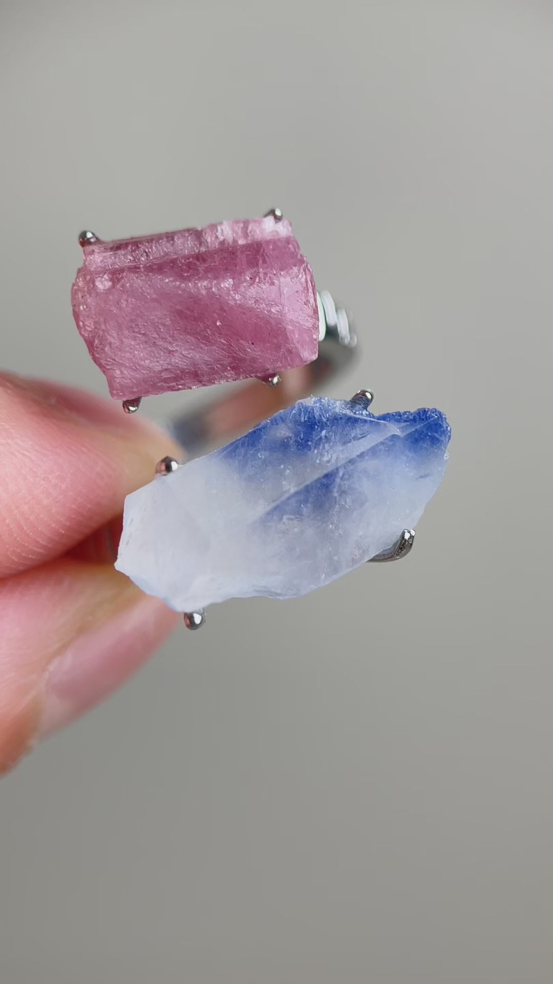 Raw Pink Tourmaline and Dumortierite Quartz ring showing natural crystal texture and color detail