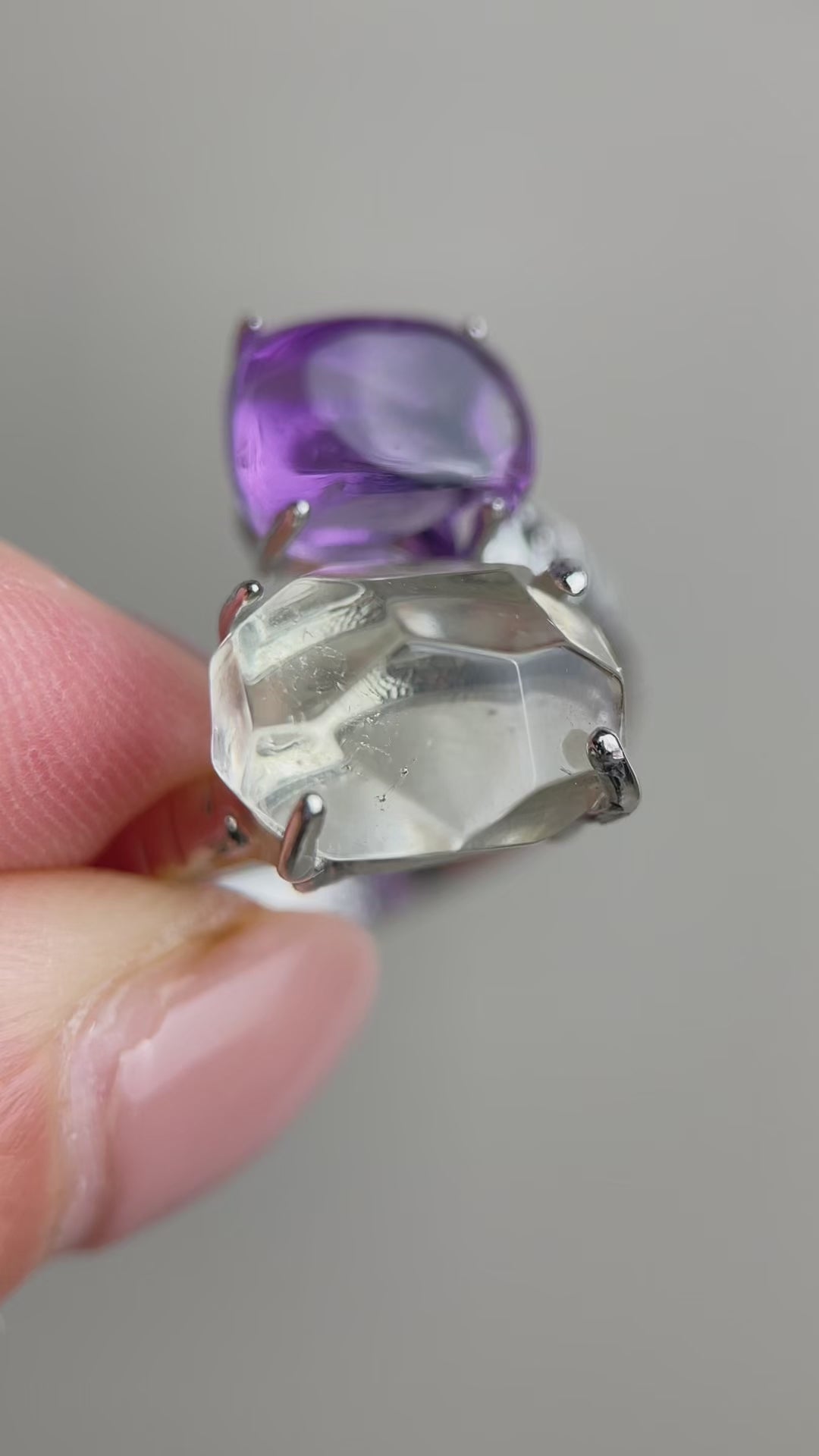 amethyst and green quartz twin ring video polished crystal design