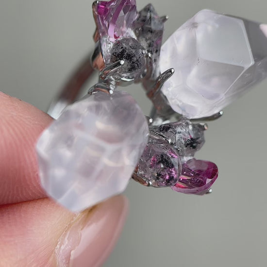 natural crystal flower ring video herkimer diamond and rose quartz, Pink Topaz