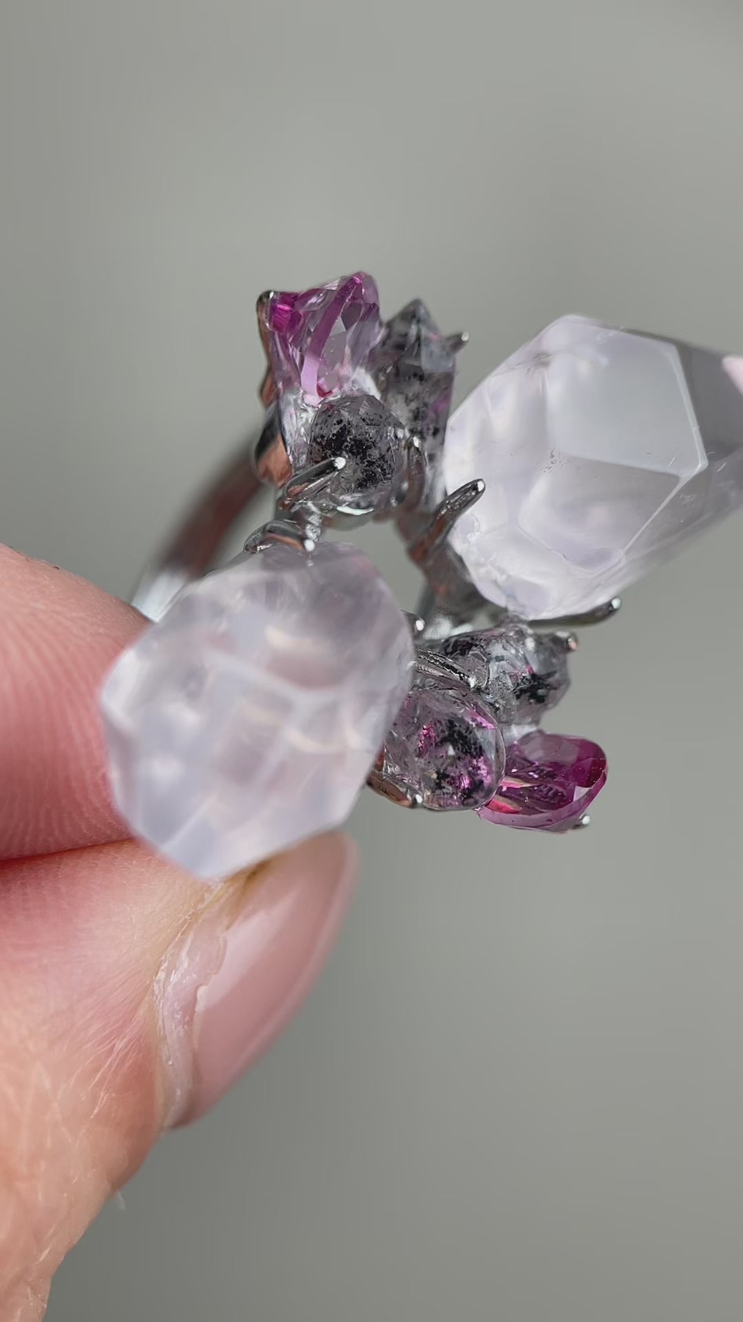 natural crystal flower ring video herkimer diamond and rose quartz, Pink Topaz
