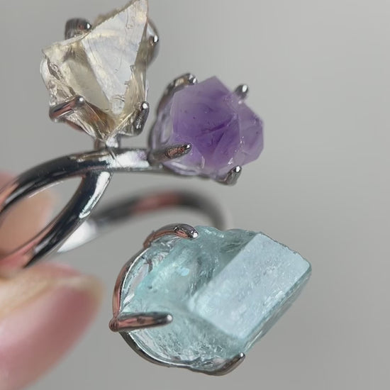Video of raw citrine, raw amethyst and raw aquamarine ring by Oryssia