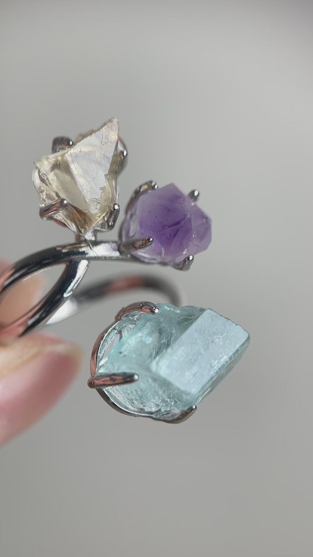 Video of raw citrine, raw amethyst and raw aquamarine ring by Oryssia