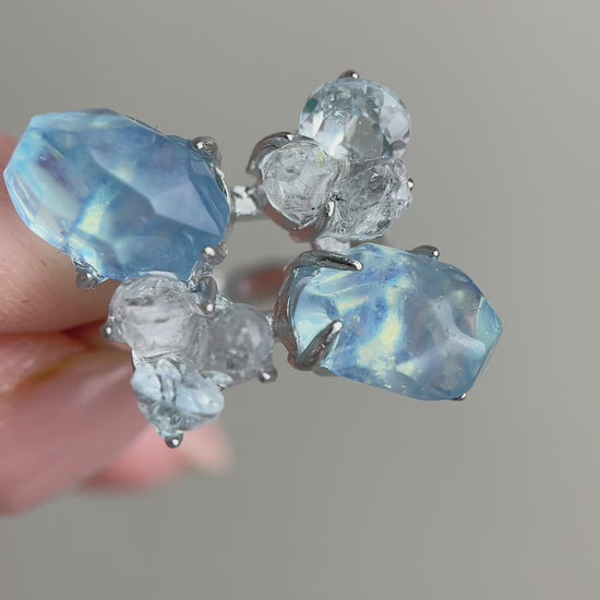 Video of aquamarine ring with blue topaz and Hakima Diamond quartz natural crystal jewelry