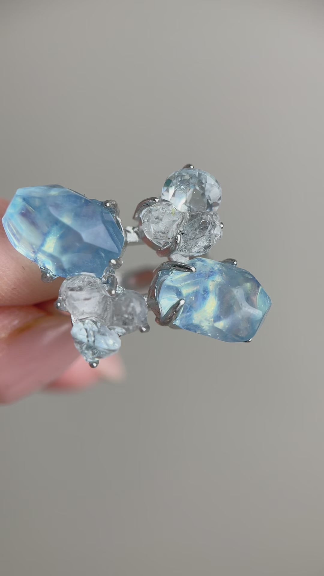 Video of aquamarine ring with blue topaz and Hakima Diamond quartz natural crystal jewelry