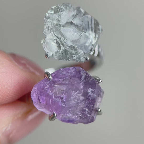 Video of amethyst and green quartz raw crystal twin ring natural crystal jewelry