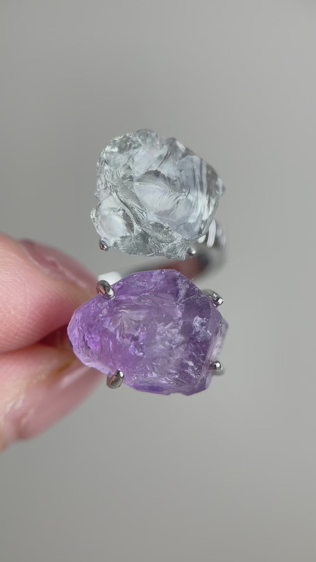 Video of amethyst and green quartz raw crystal twin ring natural crystal jewelry