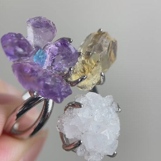 Video of raw amethyst flower, blue apatite, citrine and apophyllite crystal garden ring