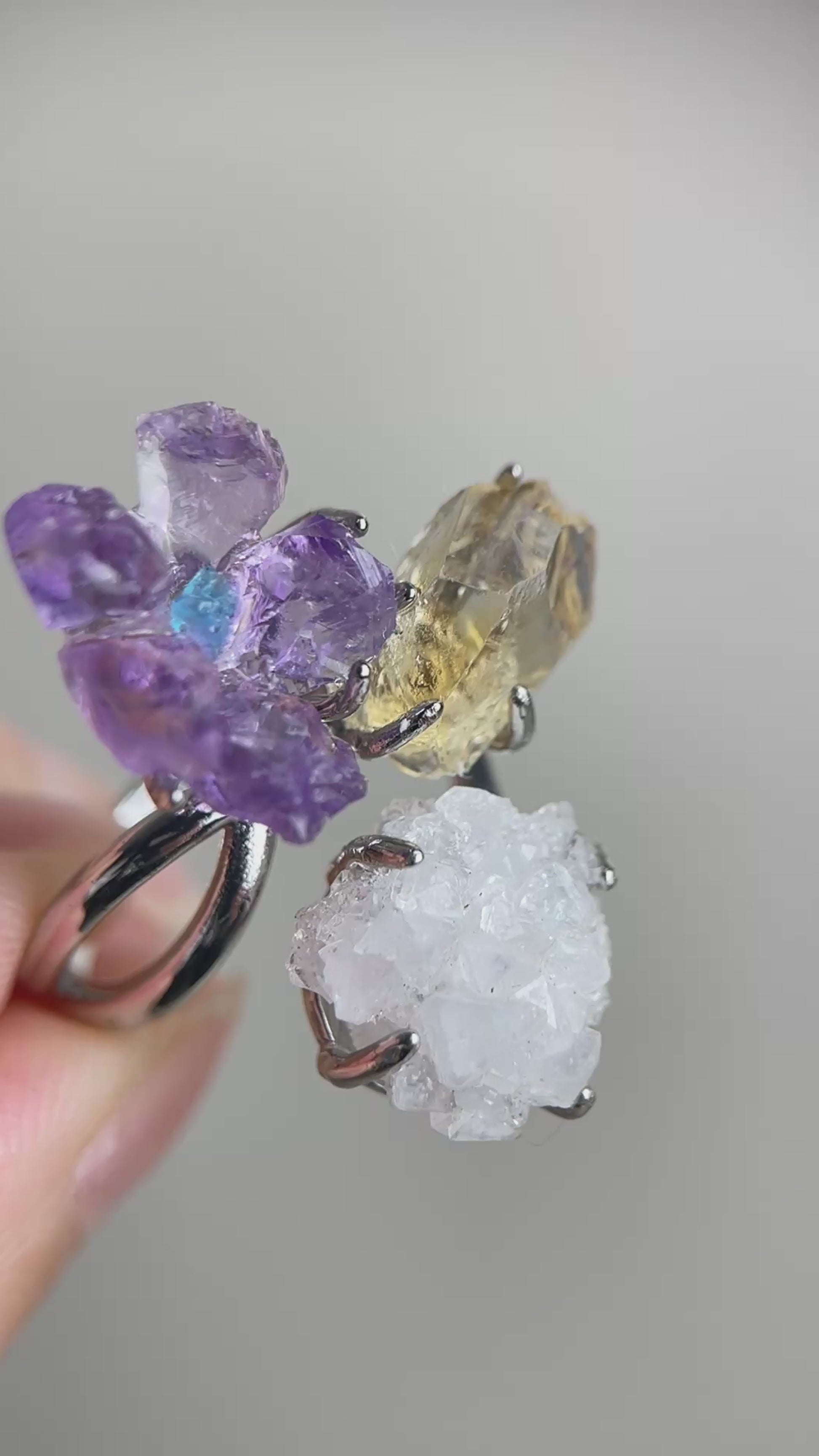 Video of raw amethyst flower, blue apatite, citrine and apophyllite crystal garden ring