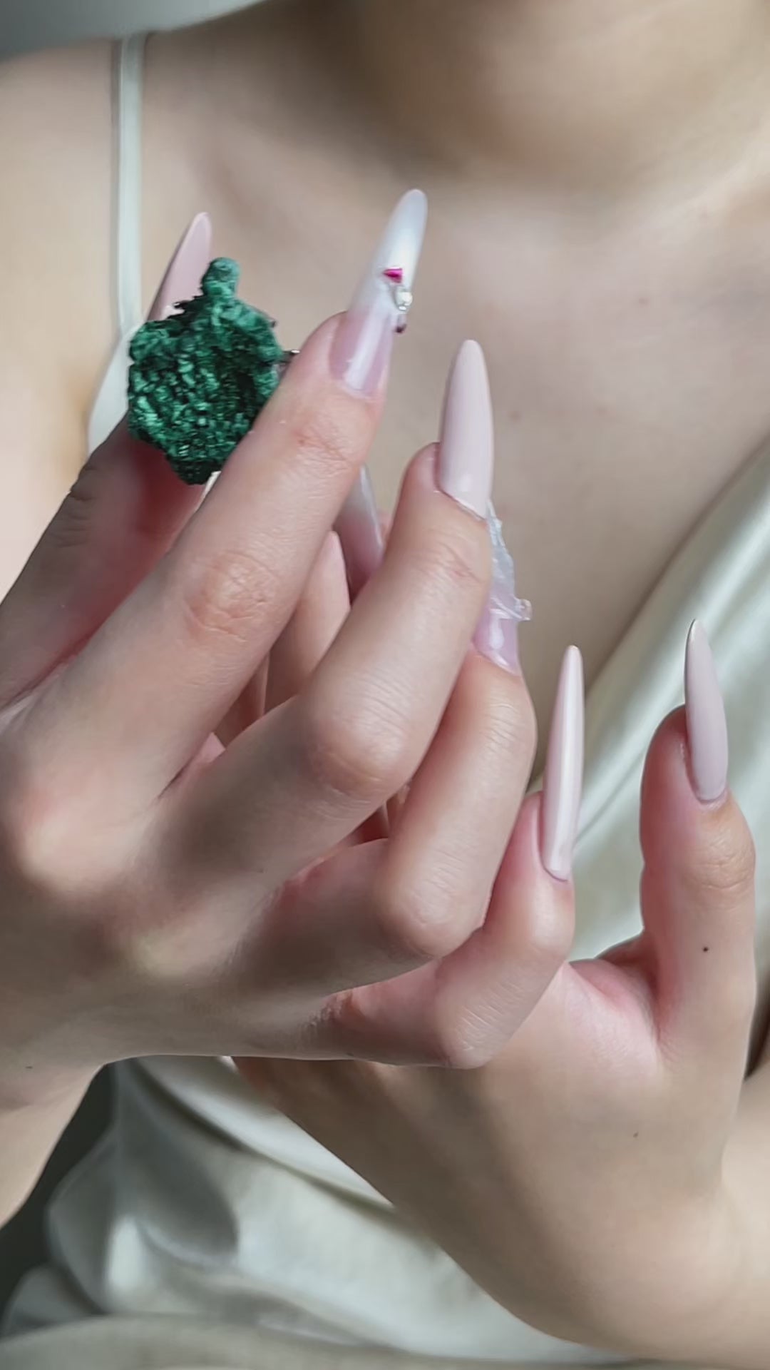 Video of Fibrous Malachite mineral specimen ring showing natural texture and green crystal surface