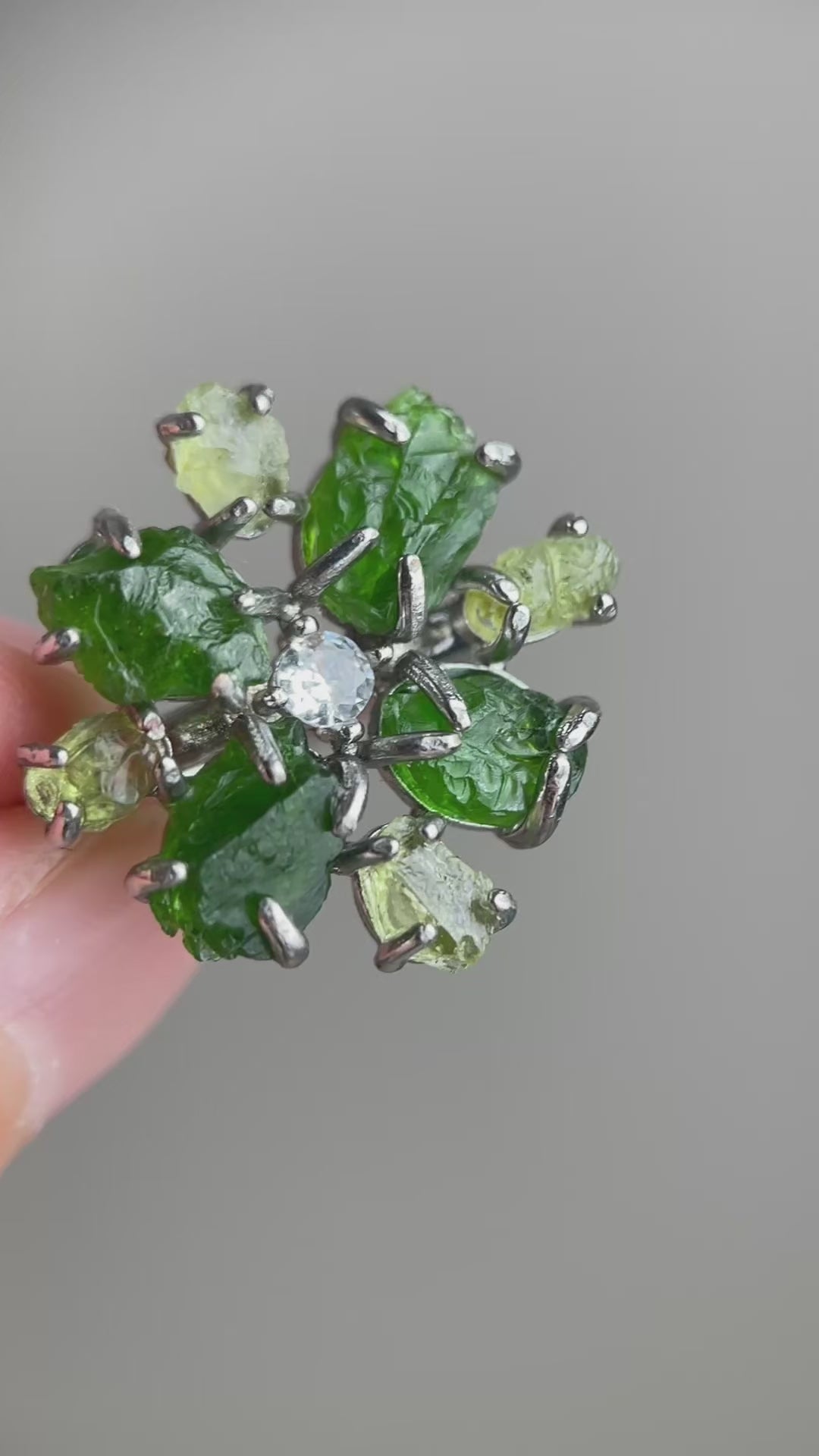 Video of Chrome Diopside and Peridot snowflake raw crystal ring