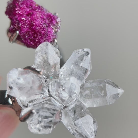 Video of Herkimer Diamond Quartz flower and raw ruby ring