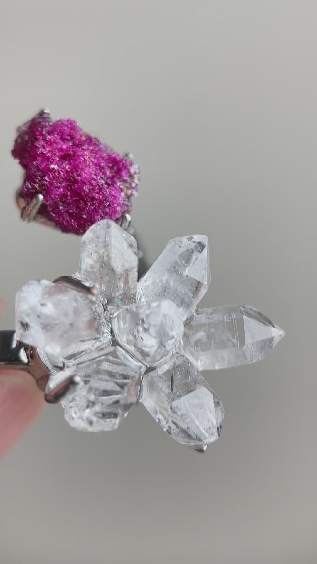 Video of Herkimer Diamond Quartz flower and raw ruby ring