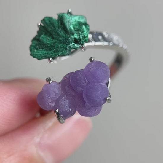 Video of raw Fibrous Malachite and Purple Grape Agate ring showing green velvet texture and purple grape-like clusters