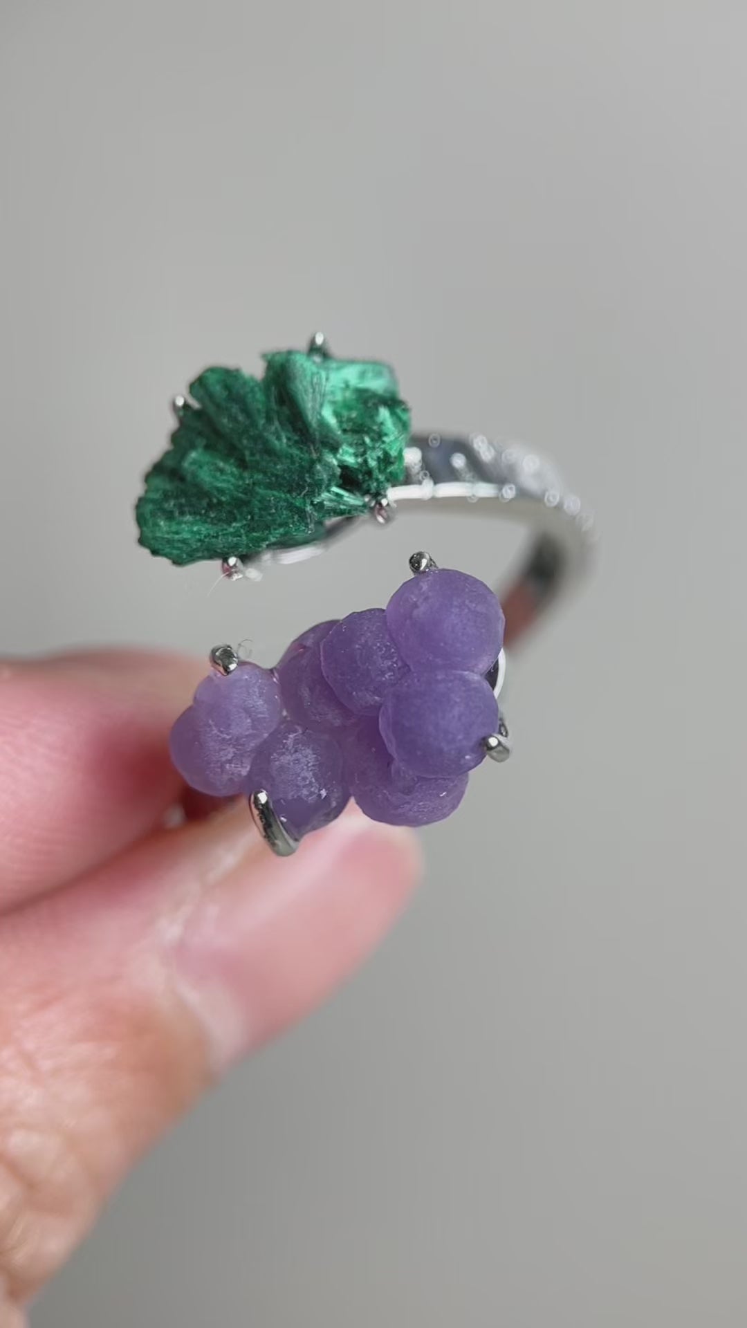 Video of raw Fibrous Malachite and Purple Grape Agate ring showing green velvet texture and purple grape-like clusters