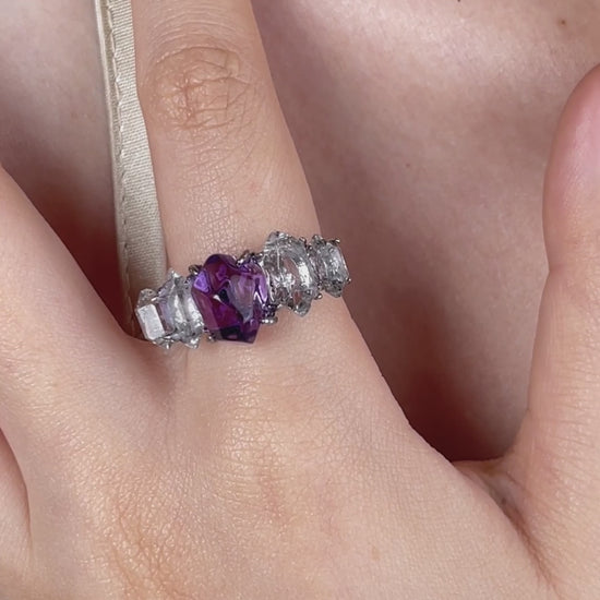Video of Amethyst and Herkimer Diamond Quartz band ring with hand-polished purple amethyst and clear crystal details