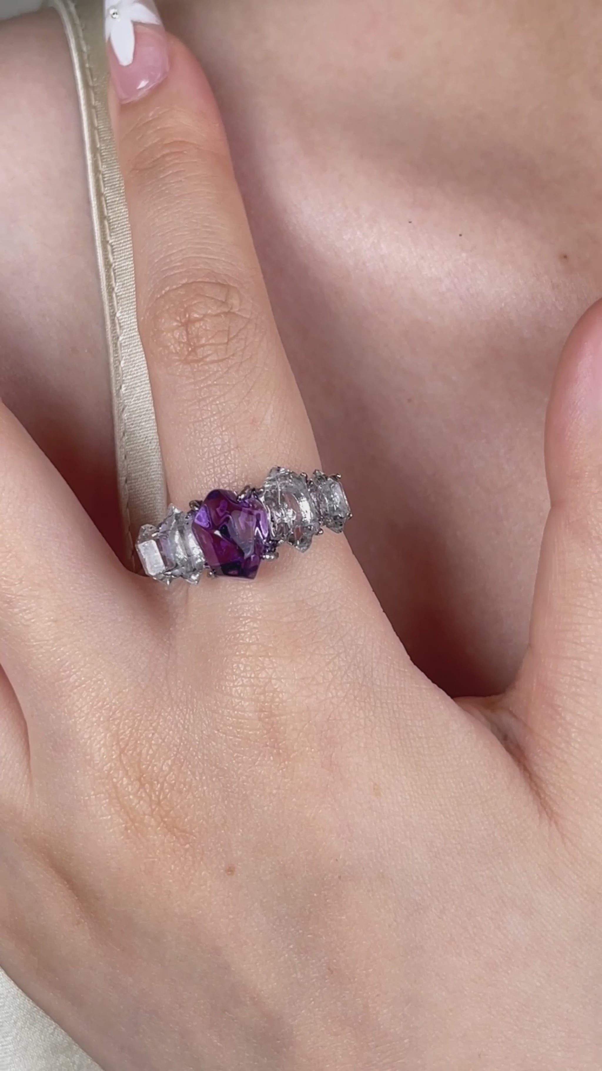 Video of Amethyst and Herkimer Diamond Quartz band ring with hand-polished purple amethyst and clear crystal details
