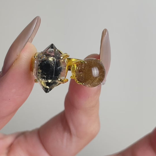 Raw Herkimer Diamond quartz ring paired with Copper Rutilated Quartz, featuring double-terminated crystal points and natural copper inclusions, unique mineral specimen jewelry piece
