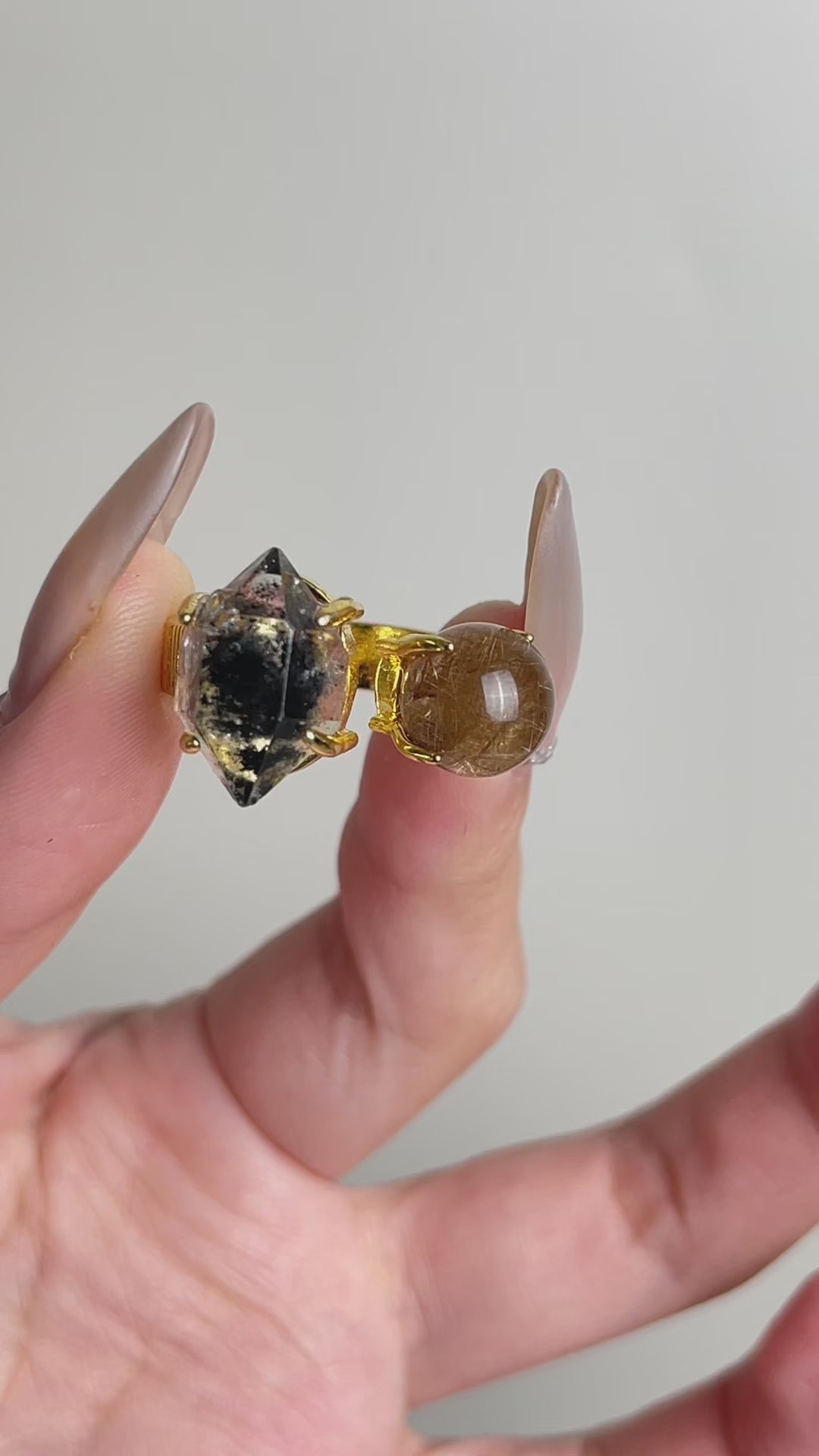 Raw Herkimer Diamond quartz ring paired with Copper Rutilated Quartz, featuring double-terminated crystal points and natural copper inclusions, unique mineral specimen jewelry piece