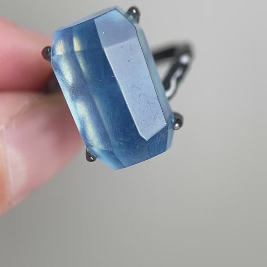 Video of Aquamarine freeform ring showing polished blue crystal detail
