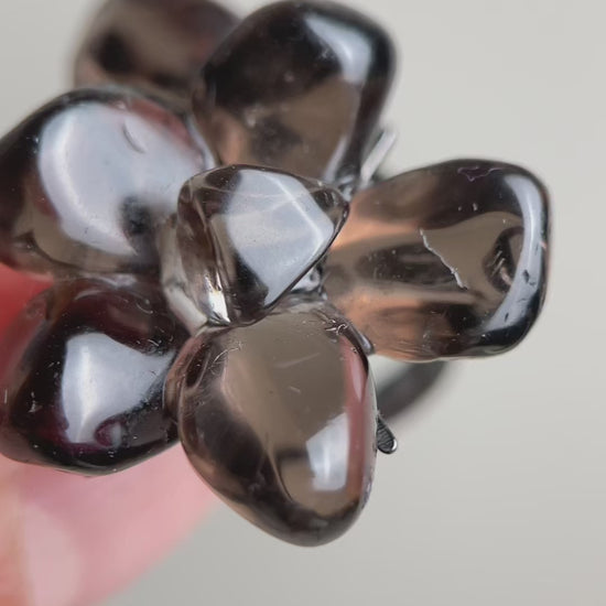 Smoky Quartz Flower Ring featuring natural smoky quartz crystals, warm brown tones, and a floral design in natural crystal jewelry style