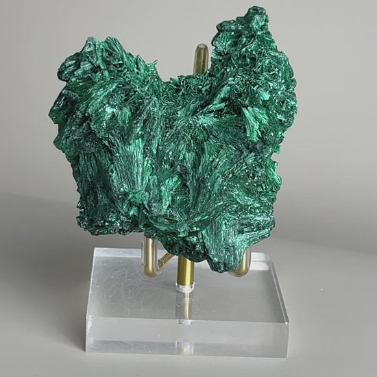 Video of raw fibrous malachite cluster mineral specimen with deep green needle-like texture