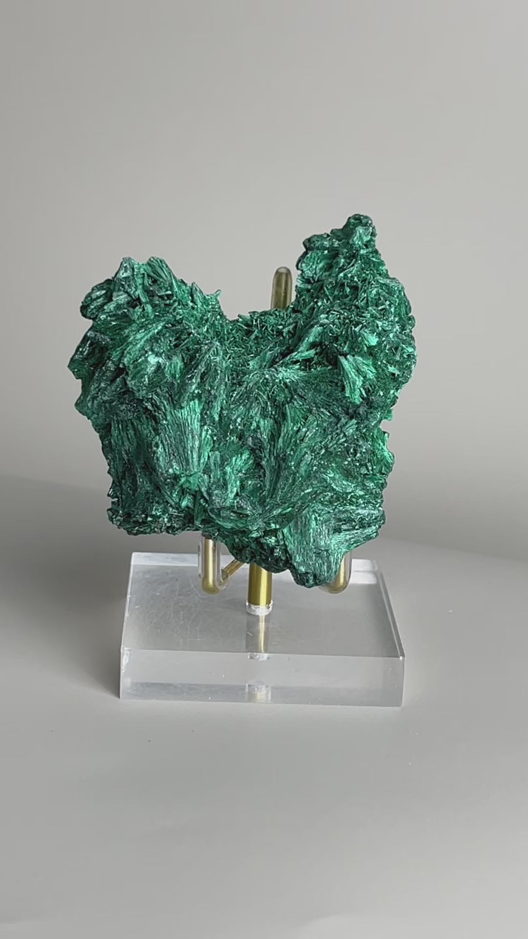 Video of raw fibrous malachite cluster mineral specimen with deep green needle-like texture