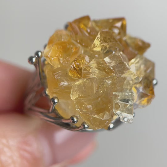Video of citrine bouquet ring with hand-assembled raw crystals