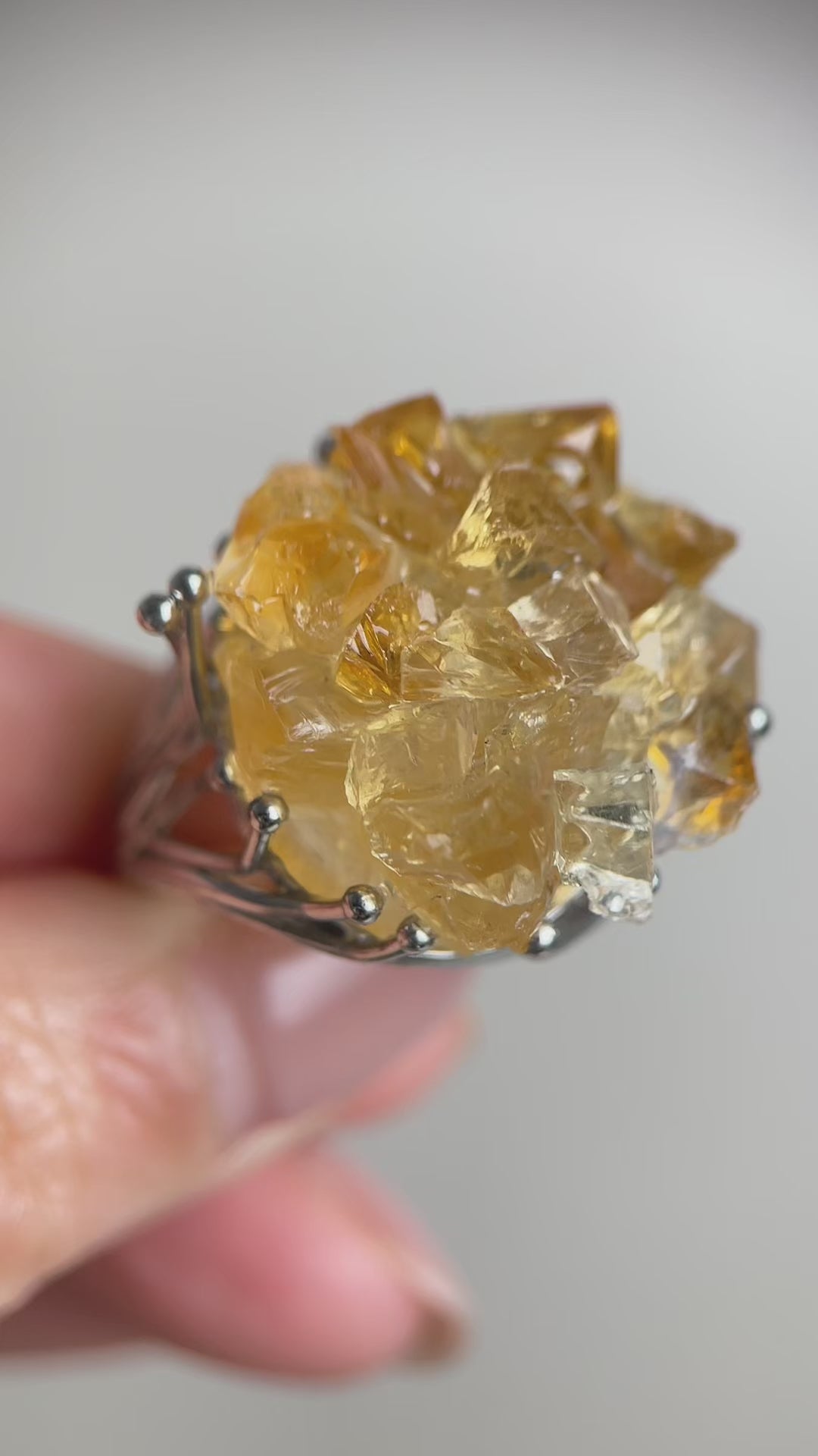Video of citrine bouquet ring with hand-assembled raw crystals
