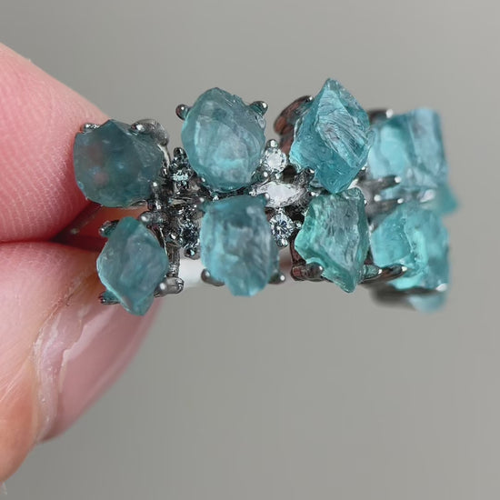 blue apatite crystal ring video double row natural gemstone