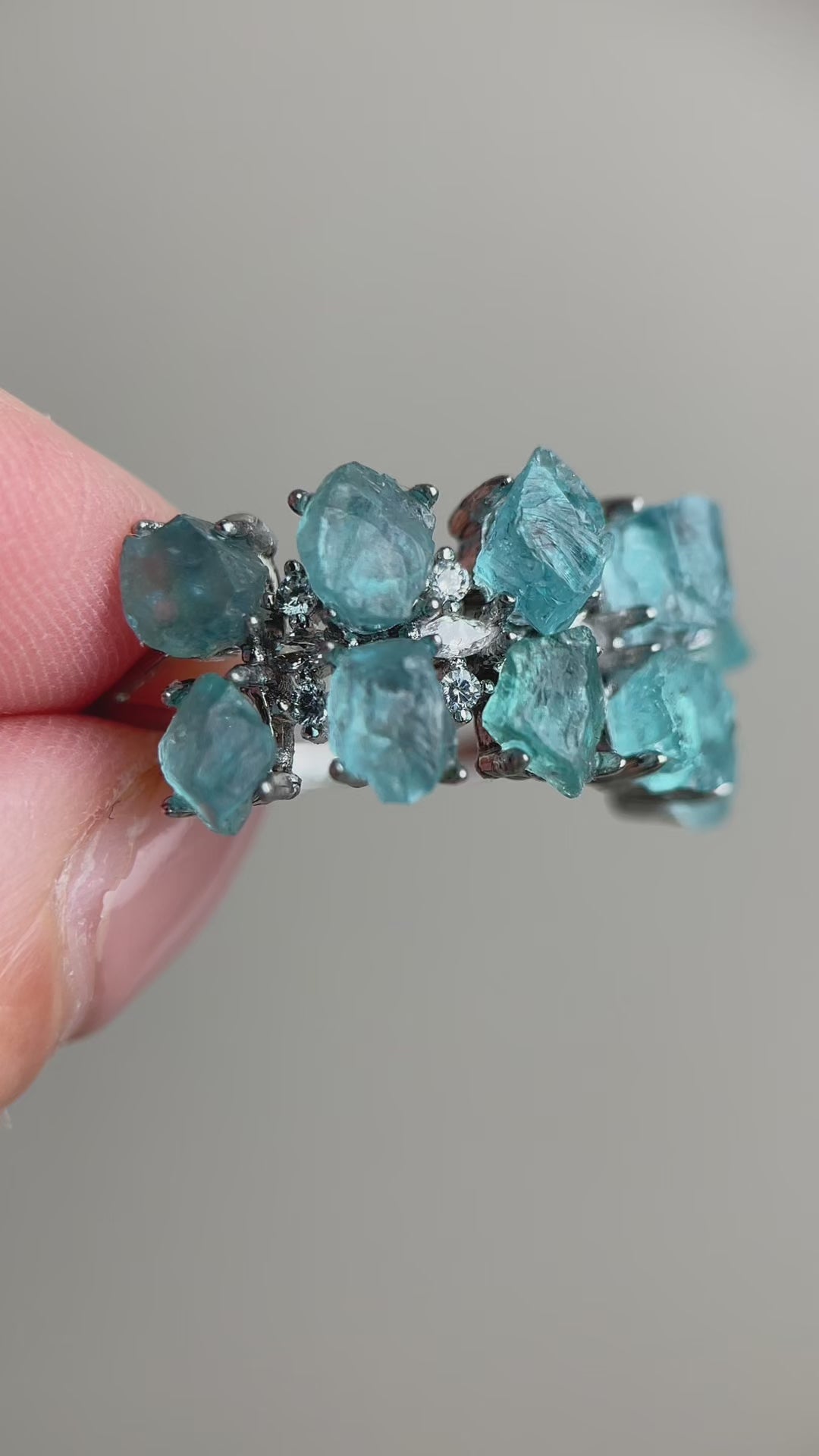 blue apatite crystal ring video double row natural gemstone
