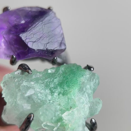 Video of raw Green Strawberry Quartz cluster and Brazilian Amethyst ring