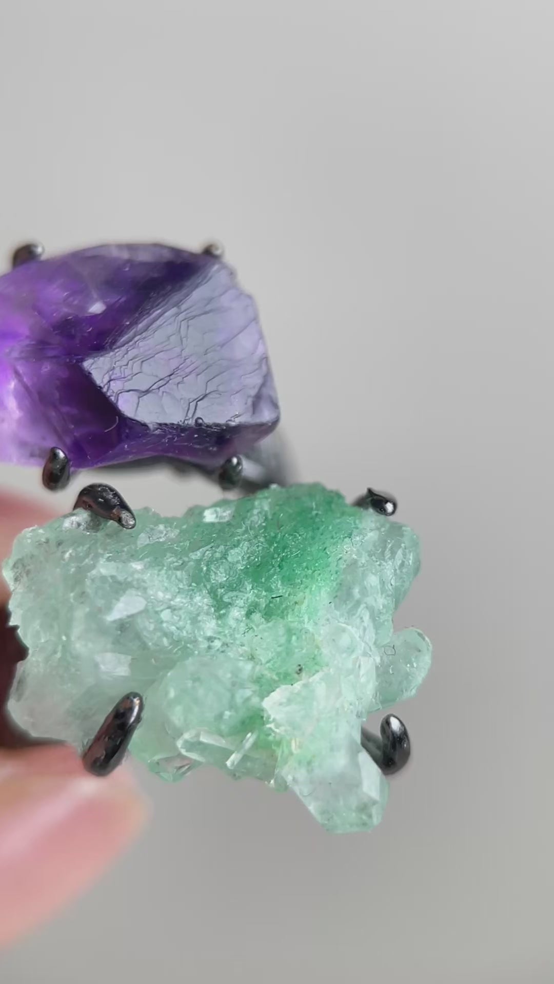 Video of raw Green Strawberry Quartz cluster and Brazilian Amethyst ring