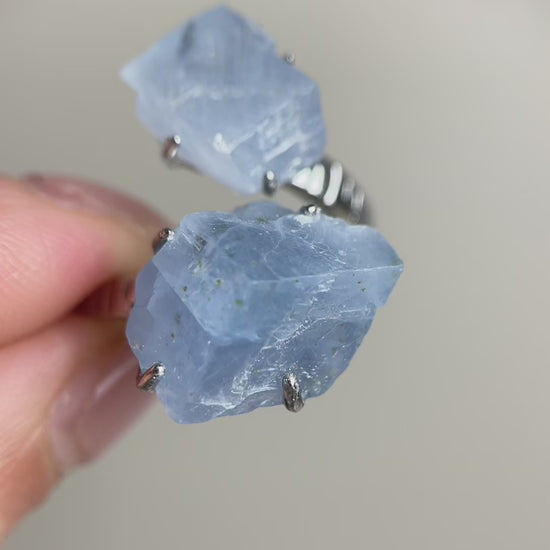 Video of Blue Calcite twin stone ring mineral specimen jewelry
