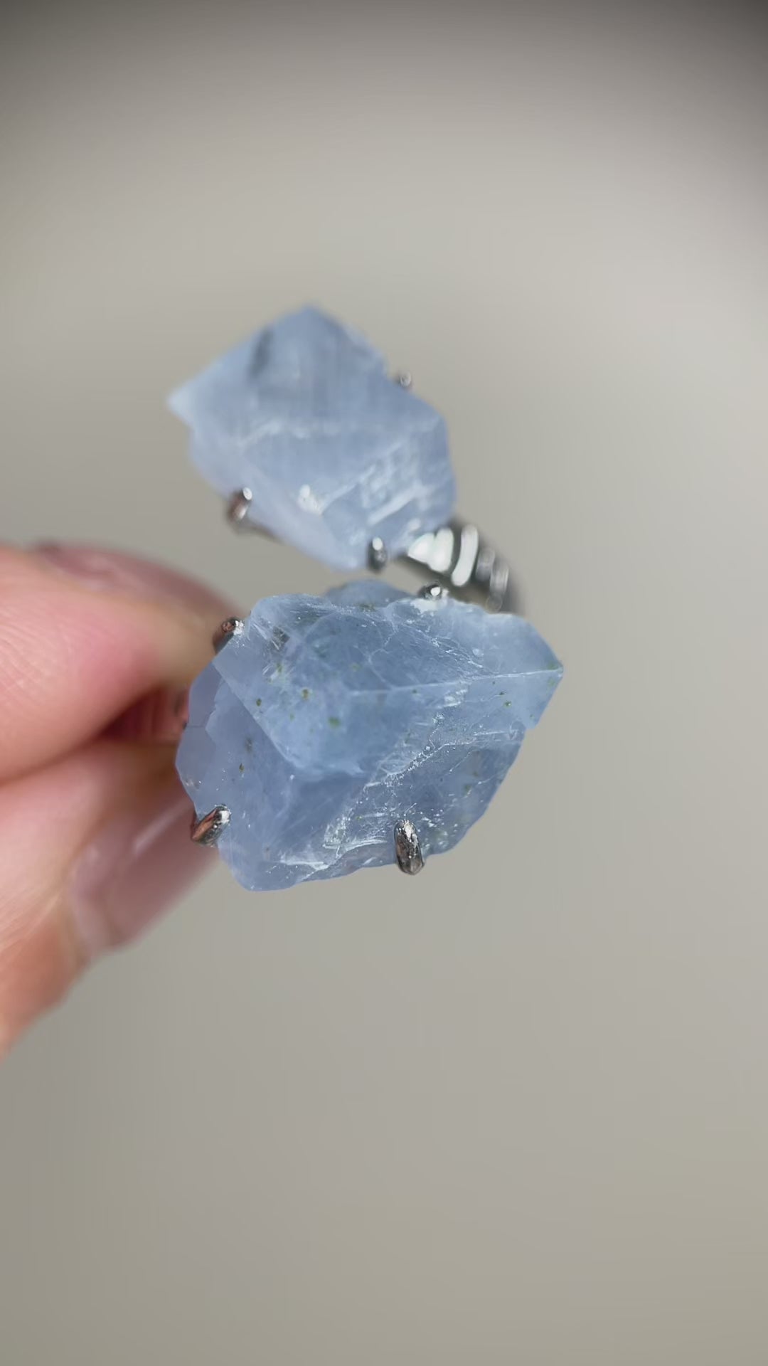 Video of Blue Calcite twin stone ring mineral specimen jewelry