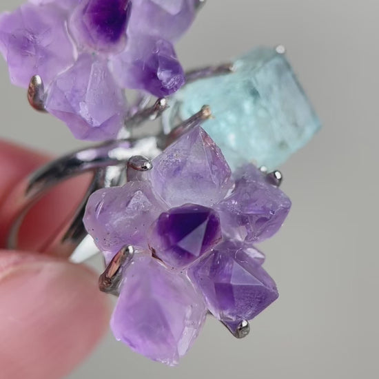 Video of raw Amethyst flower and Aquamarine ring from Brazil